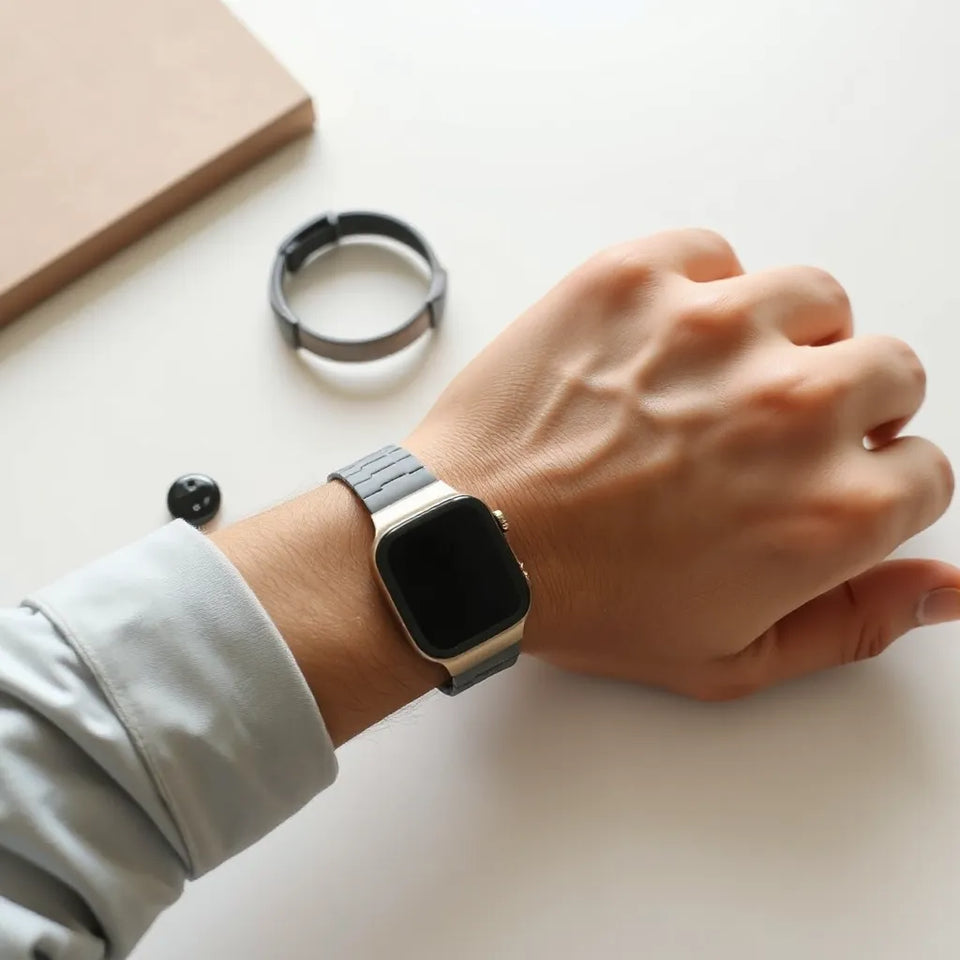 Sleek smartwatch and other health wearable devices on a clean desk beside a person’s wrist