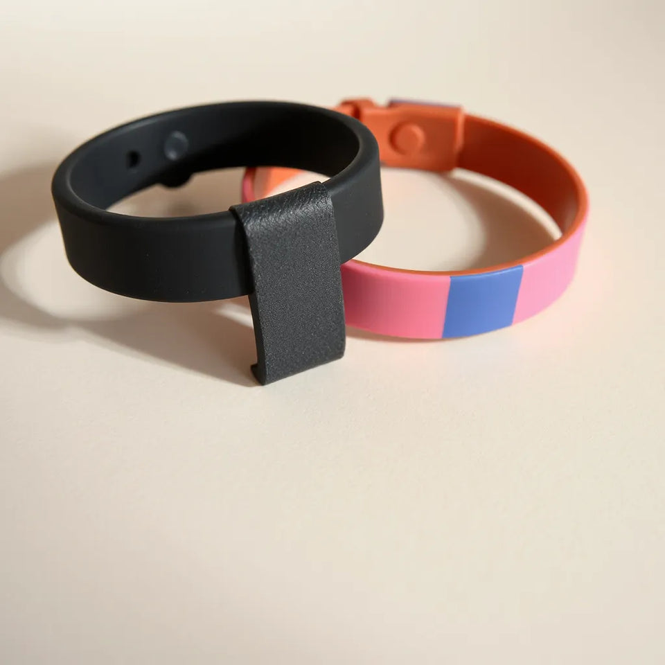 Two 2-color textured silicone wristbands with raised pattern resting on a neutral background