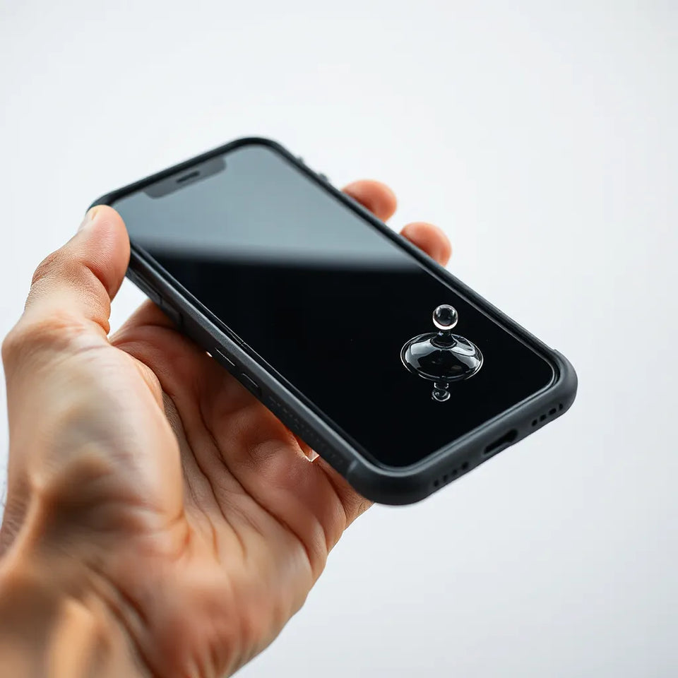 Smartphone in a rugged case with shock-absorbing corners and raised screen lip