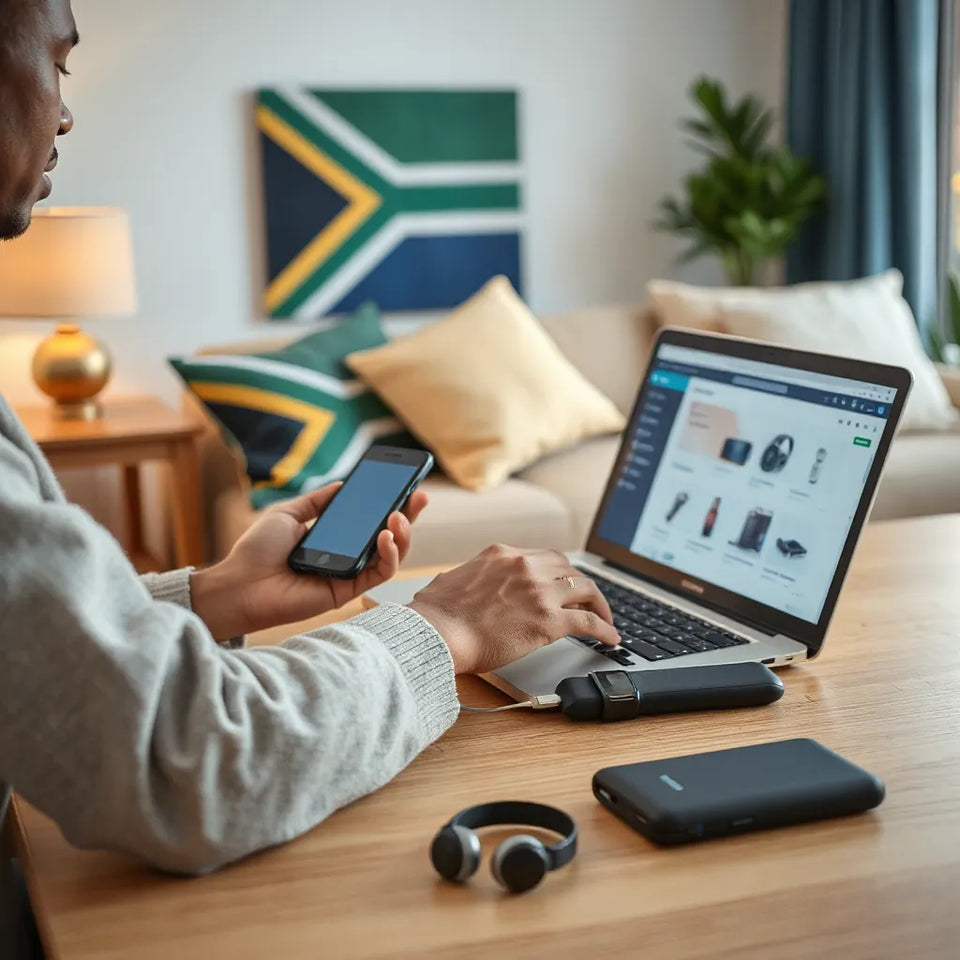 Person browsing tech products online with a smartphone, laptop, and accessories on a tidy coffee table