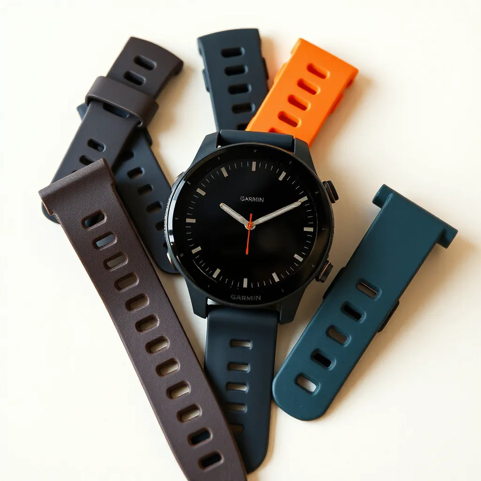 Silicone watch bands in different colors next to a Garmin-style smartwatch on a light background