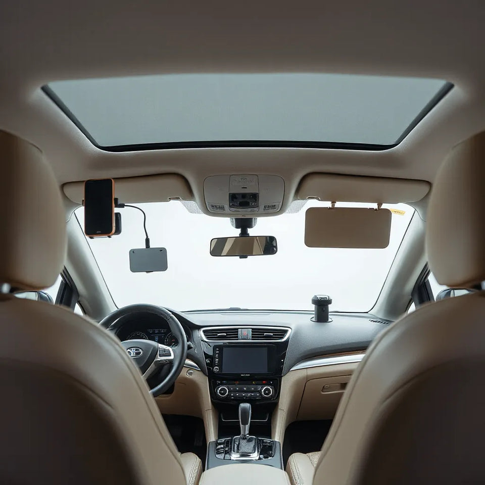 Neatly arranged car interior with a phone mount, dash camera, and cable organizer for safer driving
