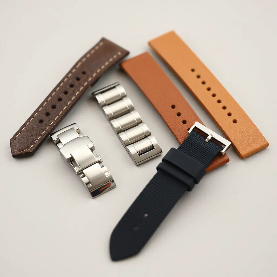 Assorted watch bands with visible textures and clasps, showing leather, metal, silicone, and nylon options.