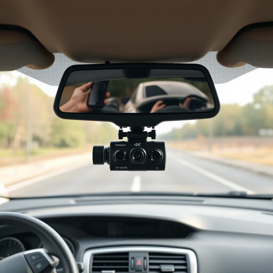Three-lens dashboard car recorder mounted near the rearview mirror with the road visible through the windshield.