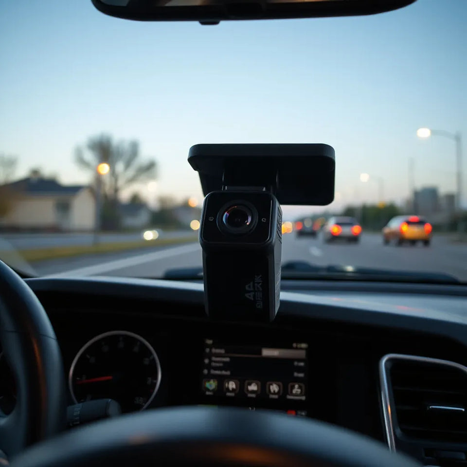 Dash-mounted 4K driving recorder cameras on a car dashboard with windshield view