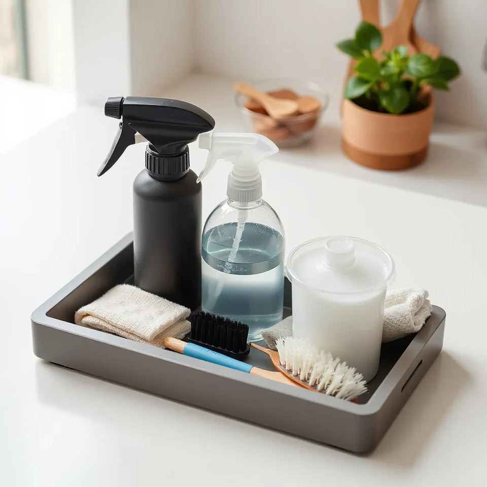 Multi-function cleaning kit arranged with microfiber cloths, small brushes, and cleaning tools on a light tray
