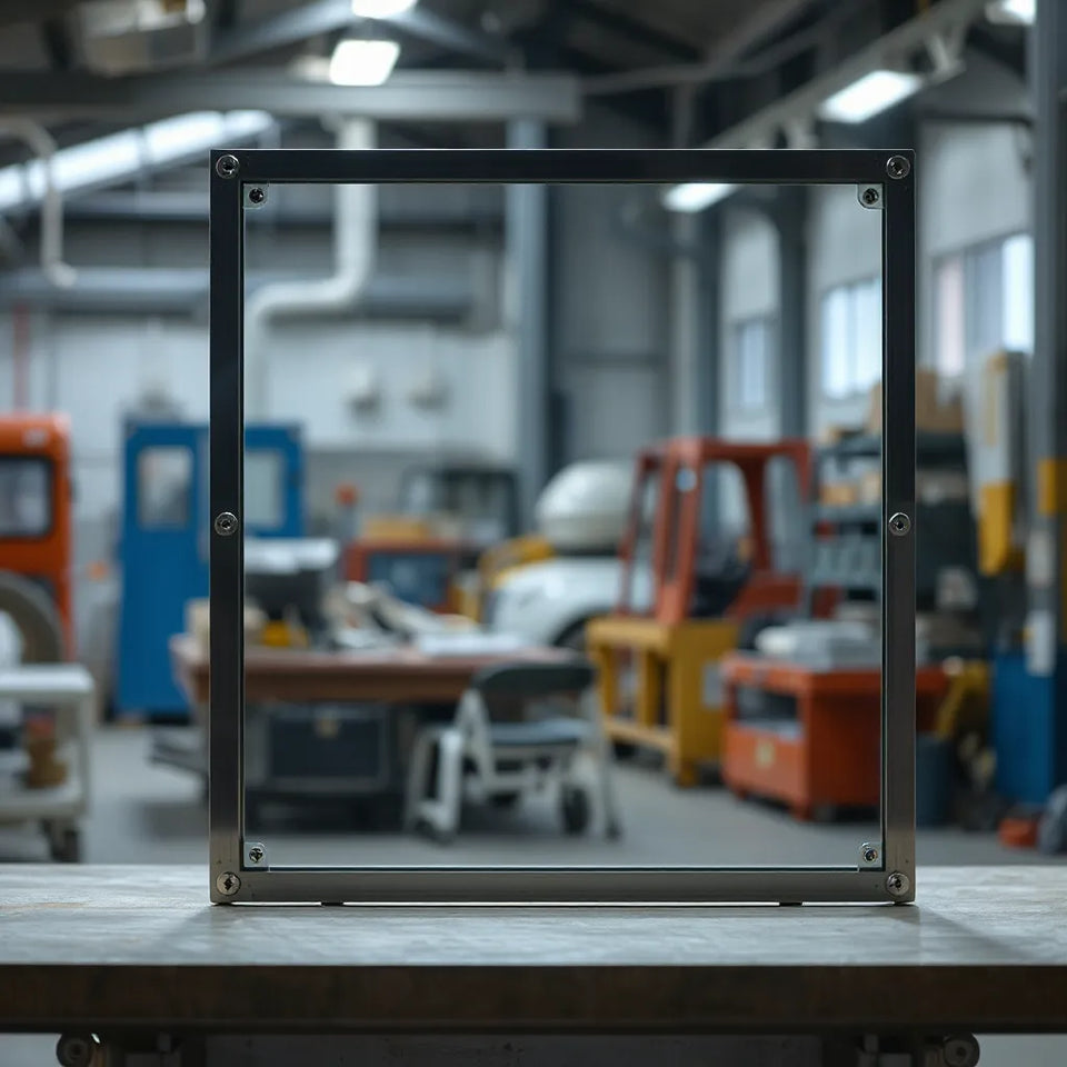 Tempered safety glass panel mounted in a metal frame with visible protective layers in an industrial setting