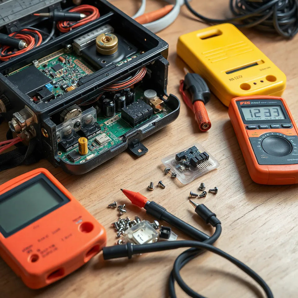 Electronics repair tools and spare parts on a workbench with an open device and multimeter nearby