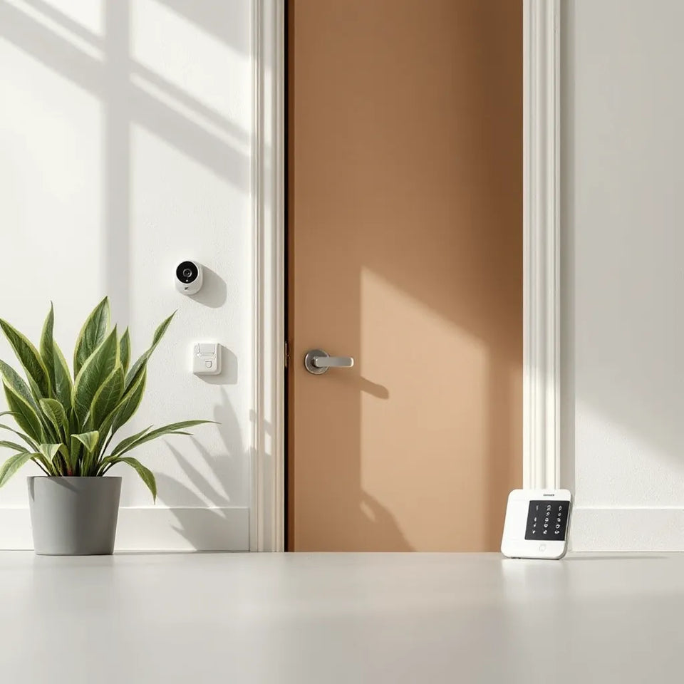 Smart security camera, motion sensor, and smart door lock in a modern entryway
