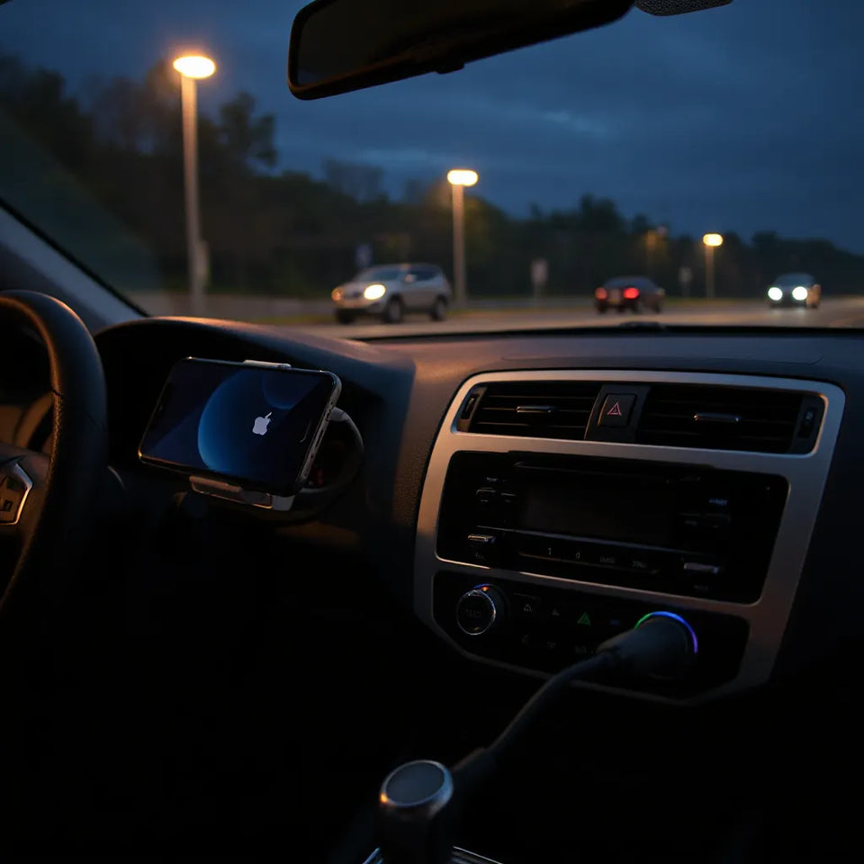 Compact wireless CarPlay and Android Auto receiver connected to a car USB port with a mounted smartphone