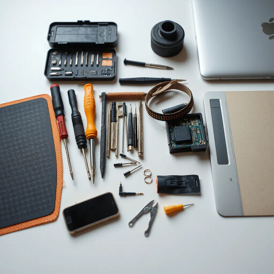 DIY electronics repair tools arranged on a clean workbench with a phone and small components