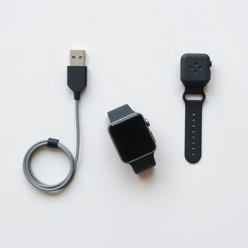 Apple Watch with charging cable, watch band, and protective accessories arranged neatly on a light background