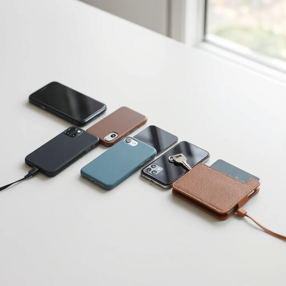 Multiple smartphones with sleek, stylish cases in different colors and textures on a minimal tabletop