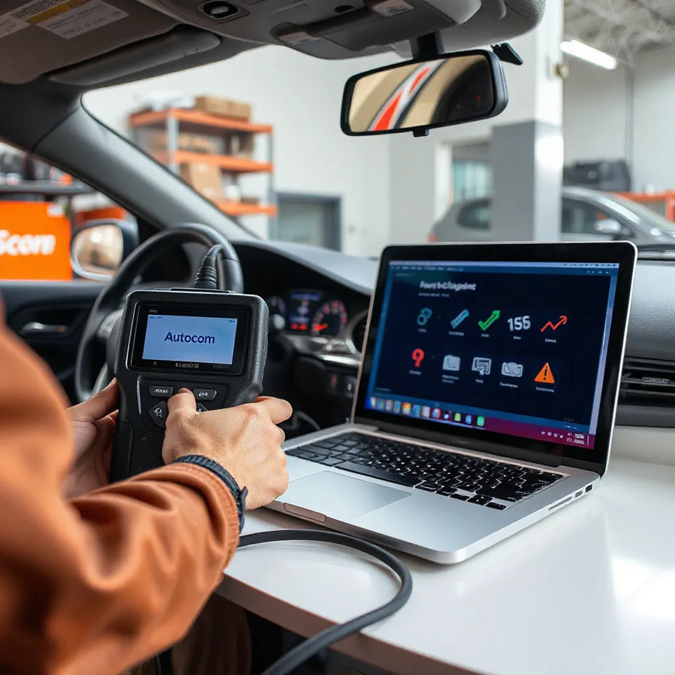 Technician connects an Autocom diagnostic tool to a car OBD-II port while a laptop displays generic diagnostic graphs