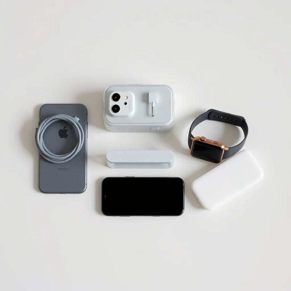 Essential charging and protection accessories laid out next to a smartphone and smartwatch