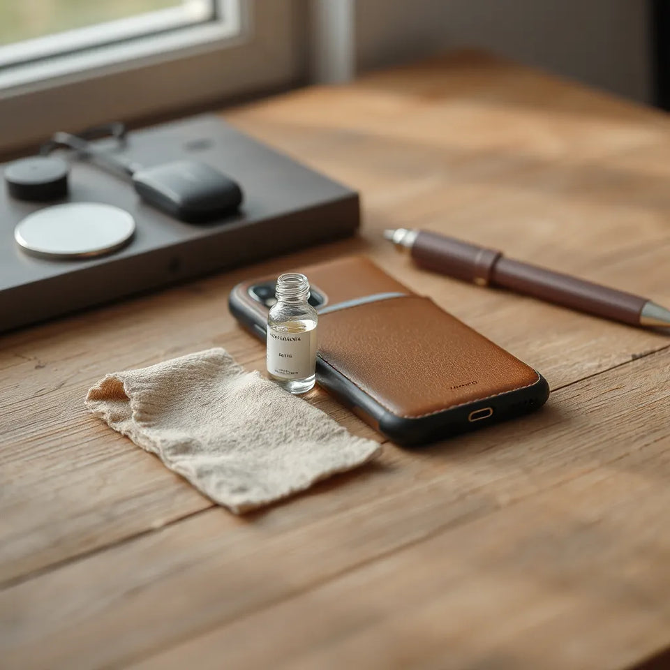 Brown leather phone case with a microfiber cloth and leather care dropper on a wooden desk