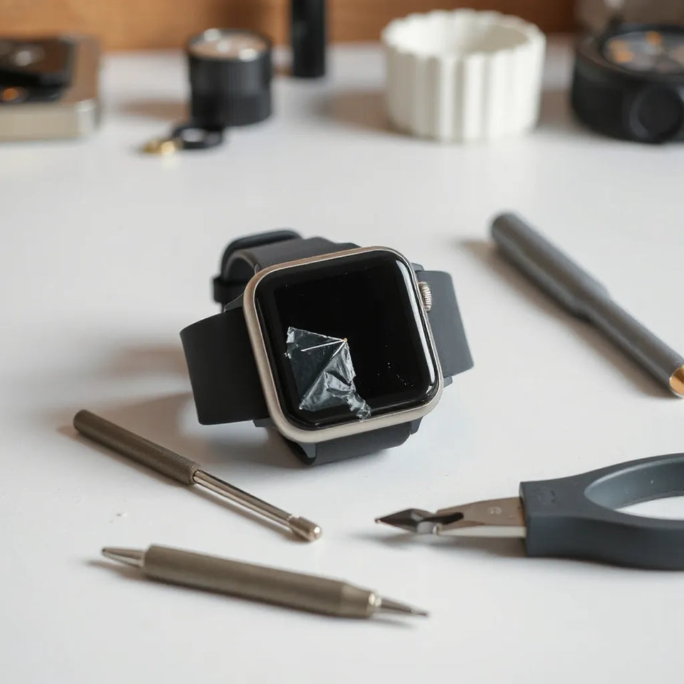 Apple Watch-style device with an unresponsive display on a repair workbench next to precision tools