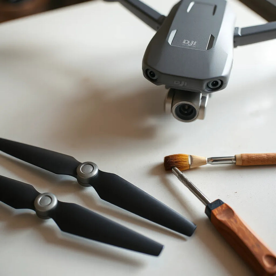 DJI Mavic Air drone with propellers and a small toolkit on a clean workbench for a careful prop swap