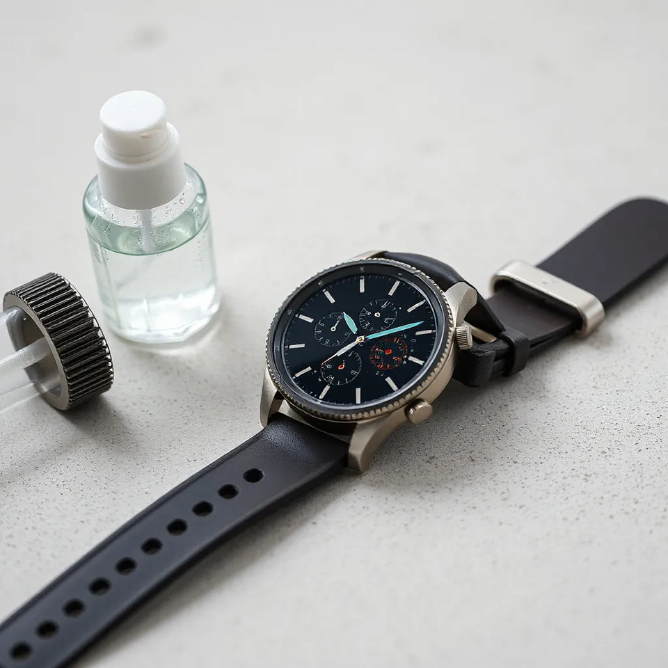 IP68 water-resistant smart watch with water droplets on the case and strap in natural light