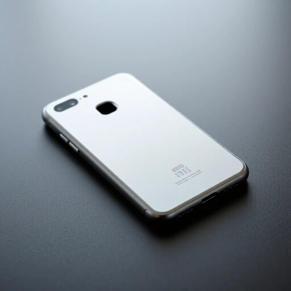 Sleek metal phone case with precise cutouts resting on a dark tabletop beside a smartphone edge