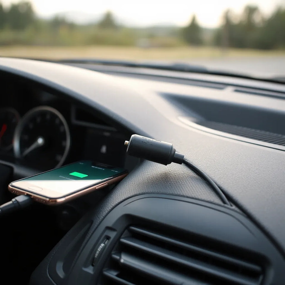 USB car charger plugged into a dashboard port charging a smartphone