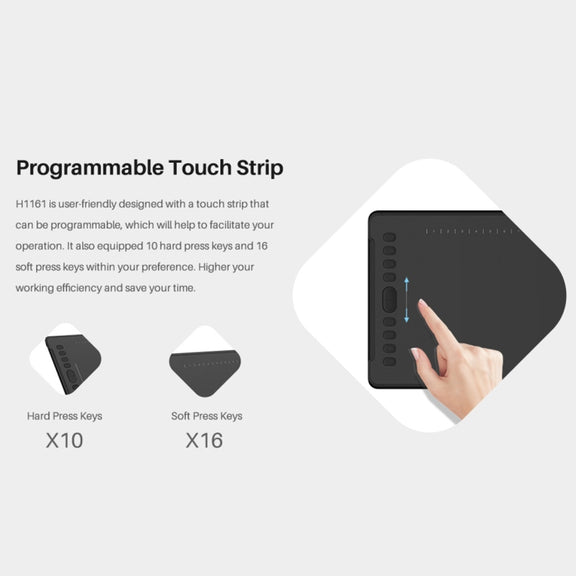 HUION H1161 5080 LPI Touch Strip Art Drawing Tablet for Fun, with Battery-free Pen & Pen Holder