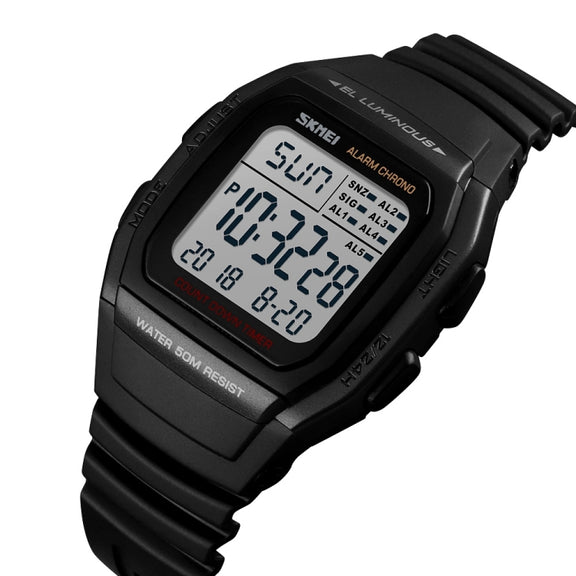 SKMEI 1278 Fashionable Outdoor 50m Water-resistant Digital Watch Student Sports Wrist Watch Support 5 Group Alarm Clocks(Black)