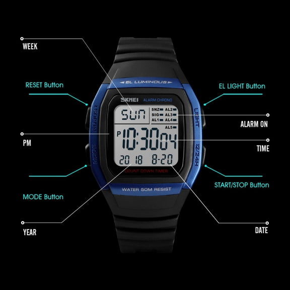 SKMEI 1278 Fashionable Outdoor 50m Water-resistant Digital Watch Student Sports Wrist Watch Support 5 Group Alarm Clocks(Black)