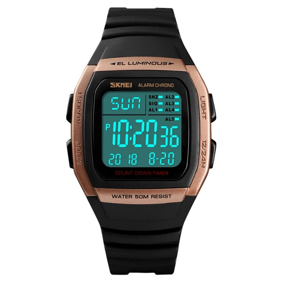 SKMEI 1278 Fashionable Outdoor 50m Water-resistant Digital Watch Student Sports Wrist Watch Support 5 Group Alarm Clocks(Rose Gold)