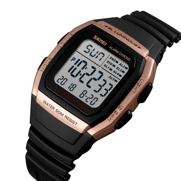 SKMEI 1278 Fashionable Outdoor 50m Water-resistant Digital Watch Student Sports Wrist Watch Support 5 Group Alarm Clocks(Rose Gold)