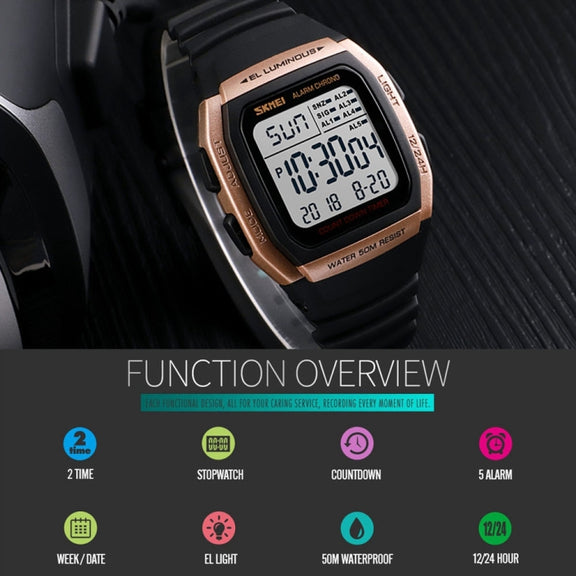 SKMEI 1278 Fashionable Outdoor 50m Water-resistant Digital Watch Student Sports Wrist Watch Support 5 Group Alarm Clocks(Rose Gold)