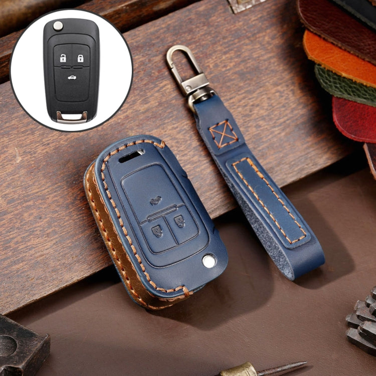 For Chevrolet Folding Hallmo Car Cowhide Leather Key Protective Cover Key Case(Blue) - Car Key Cases by Hallmo | Online Shopping South Africa | PMC TechLife | Buy Now Pay Later Mobicred