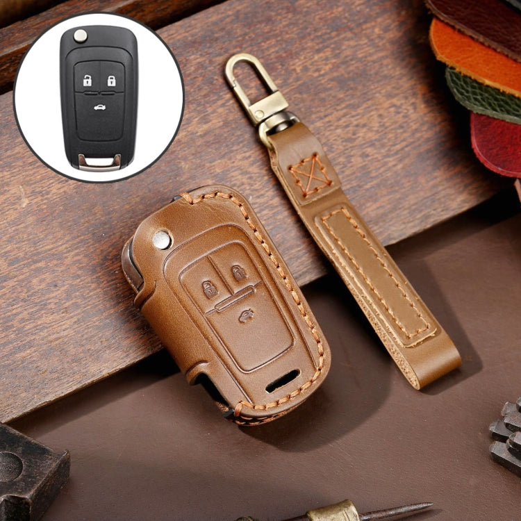 For Chevrolet Folding Hallmo Car Cowhide Leather Key Protective Cover Key Case(Brown) - Car Key Cases by Hallmo | Online Shopping South Africa | PMC TechLife | Buy Now Pay Later Mobicred