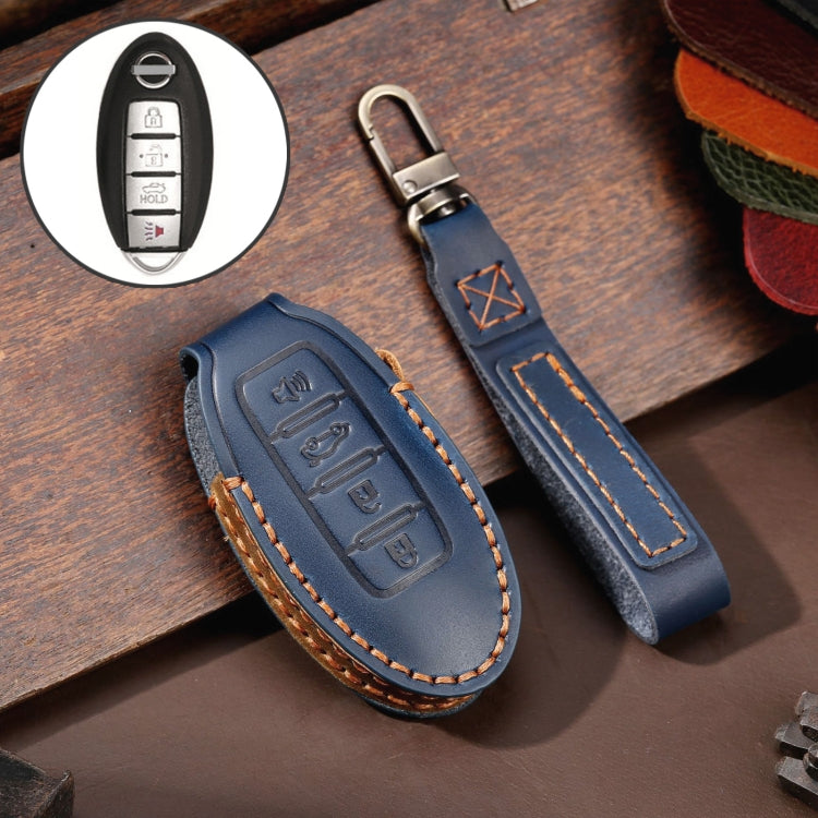 For Nissan 4-button Horn Hallmo Car Cowhide Leather Key Protective Cover Key Case(Blue) - free shipping - PMC TechLife - Order now!