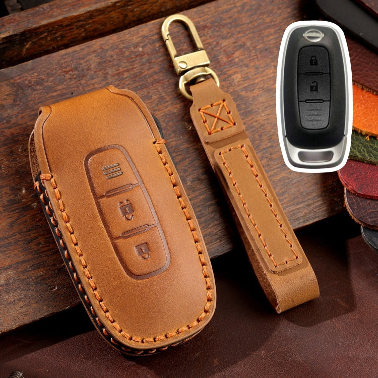 For Nissan Teana / Ariya 2-button Hallmo Car Cowhide Leather Key Protective Cover Key Case(Brown) - Car Key Cases by Hallmo | Online Shopping South Africa | PMC TechLife | Buy Now Pay Later Mobicred