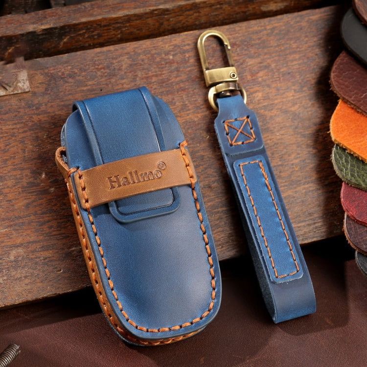 For Nissan Teana / Ariya 4-button Horn Hallmo Car Cowhide Leather Key Protective Cover Key Case(Blue) - Car Key Cases by Hallmo | Online Shopping South Africa | PMC TechLife | Buy Now Pay Later Mobicred
