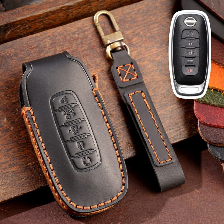 For Nissan Teana / Ariya 5-button Start Hallmo Car Cowhide Leather Key Protective Cover Key Case(Black) - Car Key Cases by Hallmo | Online Shopping South Africa | PMC TechLife | Buy Now Pay Later Mobicred