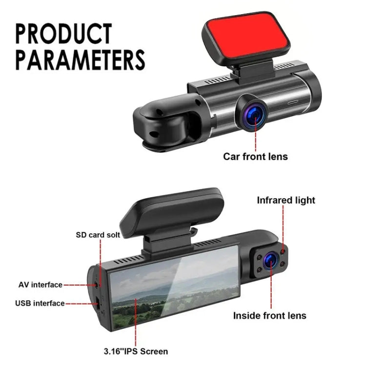 3.16 inch 1080P HD Night Vision Front and Inside Dual Lenses Driving Recorder