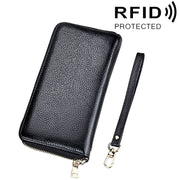 Genuine Cowhide Leather Litchi Texture Zipper Long Style Card Holder Wallet RFID Blocking Coin Purse Card Bag Protect Case with Hand Strap for Women, Size: 20*10.5*3cm(Black)