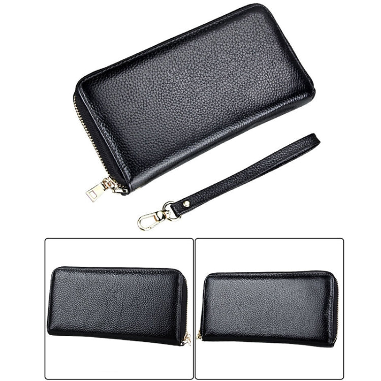 Genuine Cowhide Leather Litchi Texture Zipper Long Style Card Holder Wallet RFID Blocking Coin Purse Card Bag Protect Case with Hand Strap for Women, Size: 20*10.5*3cm(Black)
