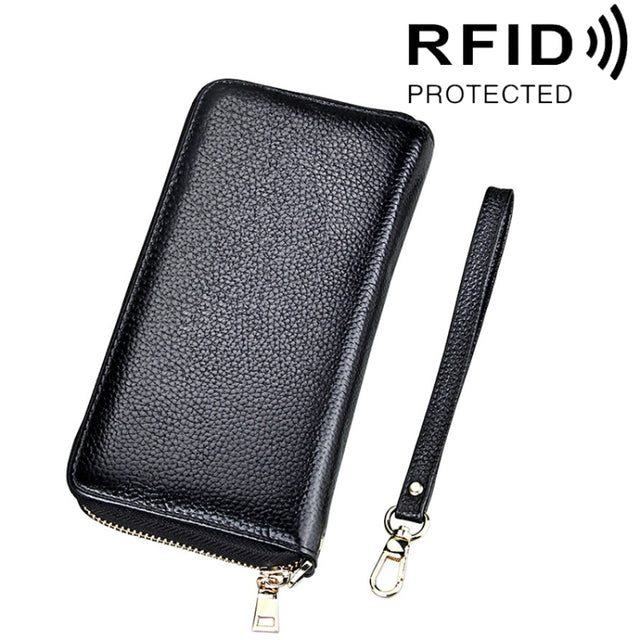 Genuine Cowhide Leather Litchi Texture Zipper Long Style Card Holder Wallet RFID Blocking Coin Purse Card Bag Protect Case with Hand Strap for Women, Size: 20*10.5*3cm(Black)