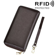 Genuine Cowhide Leather Litchi Texture Zipper Long Style Card Holder Wallet RFID Blocking Coin Purse Card Bag Protect Case with Hand Strap for Women, Size: 20*10.5*3cm(Coffee)