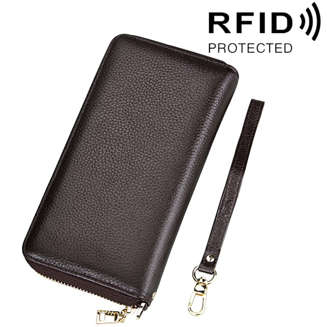 Genuine Cowhide Leather Litchi Texture Zipper Long Style Card Holder Wallet RFID Blocking Coin Purse Card Bag Protect Case with Hand Strap for Women, Size: 20*10.5*3cm(Coffee)