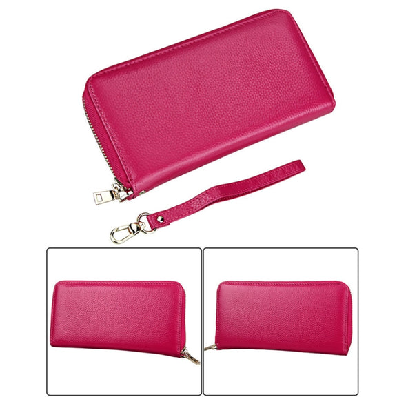 Genuine Cowhide Leather Litchi Texture Zipper Long Style Card Holder Wallet RFID Blocking Coin Purse Card Bag Protect Case with Hand Strap for Women, Size: 20*10.5*3cm(Magenta)