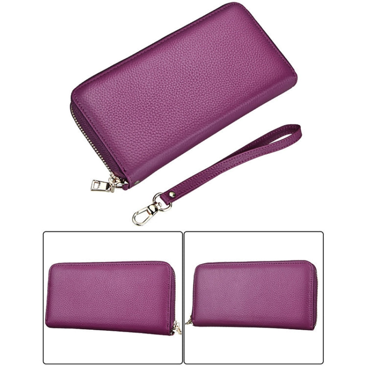 Genuine Cowhide Leather Litchi Texture Zipper Long Style Card Holder Wallet RFID Blocking Coin Purse Card Bag Protect Case with Hand Strap for Women, Size: 20*10.5*3cm(Purple)