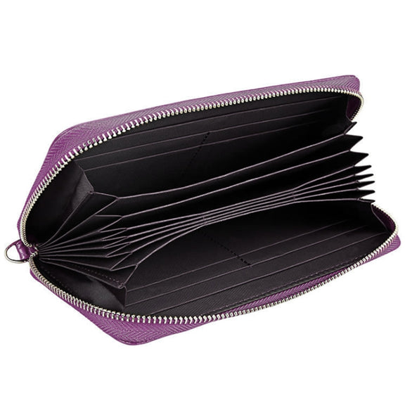 Genuine Cowhide Leather Litchi Texture Zipper Long Style Card Holder Wallet RFID Blocking Coin Purse Card Bag Protect Case with Hand Strap for Women, Size: 20*10.5*3cm(Purple)