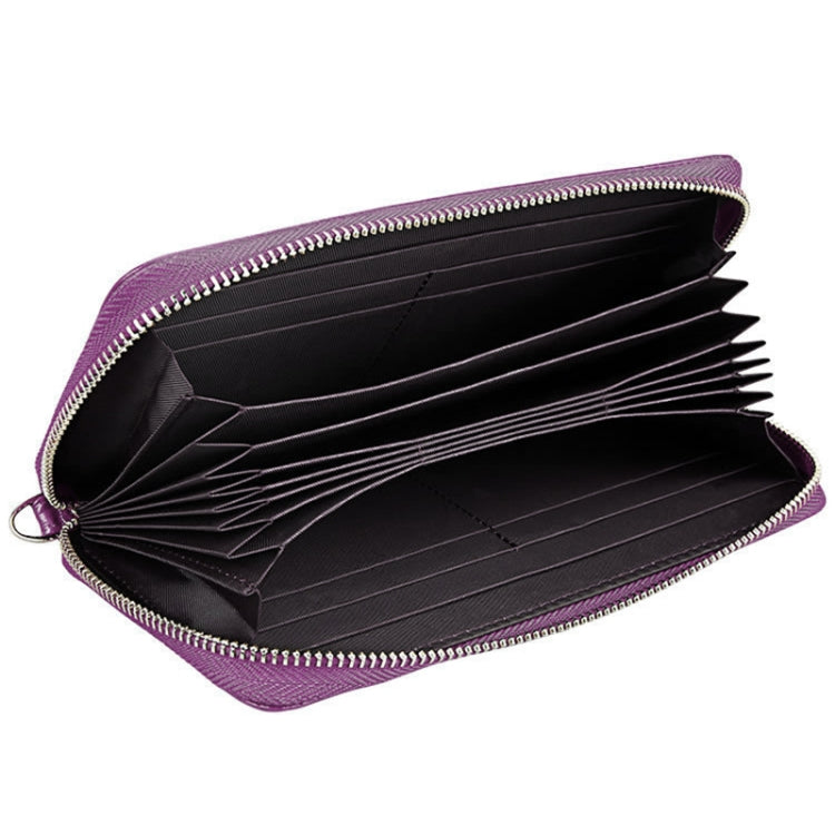 Genuine Cowhide Leather Litchi Texture Zipper Long Style Card Holder Wallet RFID Blocking Coin Purse Card Bag Protect Case with Hand Strap for Women, Size: 20*10.5*3cm(Purple)