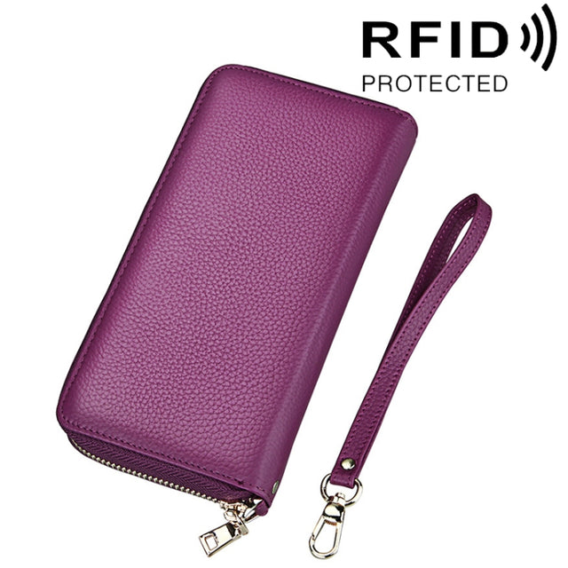 Genuine Cowhide Leather Litchi Texture Zipper Long Style Card Holder Wallet RFID Blocking Coin Purse Card Bag Protect Case with Hand Strap for Women, Size: 20*10.5*3cm(Purple)