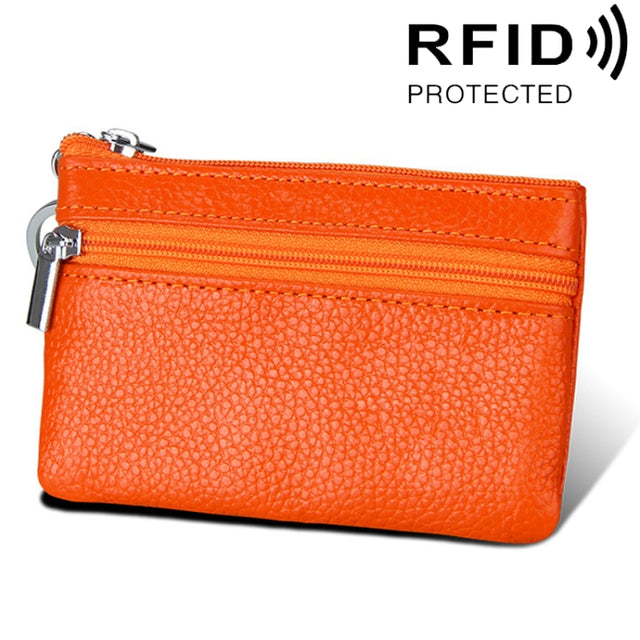 Cowhide Leather Zipper Solid Color Horizontal Card Holder Wallet RFID Blocking Coin Purse Card Bag Protect Case, Size: 11.4*7.4cm(Orange)