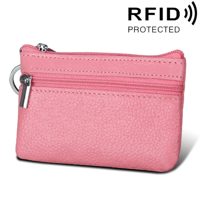 Cowhide Leather Zipper Solid Color Horizontal Card Holder Wallet RFID Blocking Coin Purse Card Bag Protect Case, Size: 11.4*7.4cm(Pink)